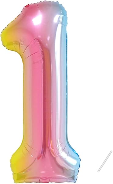 Numéro de ballon 1 e anniversaire|Ballon arc-en-ciel géant 40" - 101cm décoration d'anniversaire - Décoration de numéro de ballon d'anniversaire. Envolé avec de l'hélium - 1