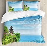 Ambesonne Balinese Duvet Cover Set, Uluwatu Building Bali Indonesia Seacoast Cliff Horizon Summer Seascape Nature, Decorative 3 Piece Bedding Set with 2 Pillow Shams, Queen Size, Green and Blue