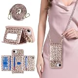 DEYHU Custodia per iPhone 17e / 16e con porta carte di credito e cinghia, da donna, con cordino a tracolla, specchio per trucco, supporto ad anello, chiusura a scatto, graziose custodie a portafoglio