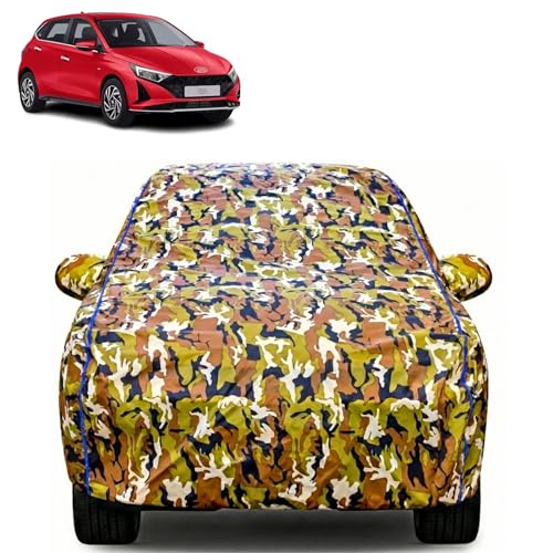Image of Waterproof Car Body Cover for Hyundai i20 with Mirror Pocket| Cotton Inner Lining | Triple Stitched | All Weather Protection | Dust, UV & Rain Proof (Camouflage with Blue Piping)