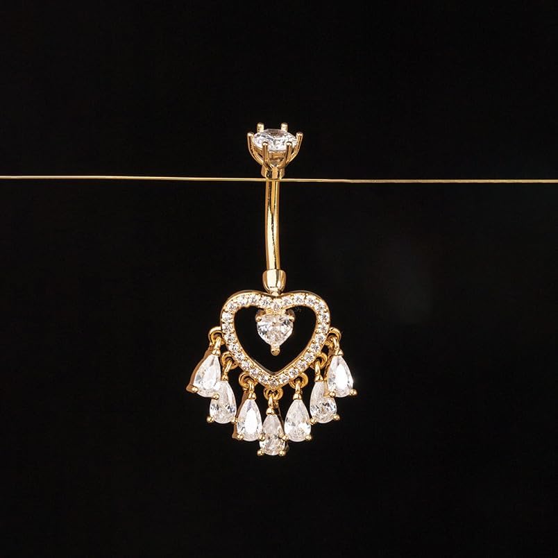 14G CZ Heart Tassel Dangle Belly Button Rings for Women Stainless Steel Cubic Zirconia Dangling Belly Navel Ring Belly Barbell Studs Hypoallergenic Navel Body Piercing Jewelry - Image 3