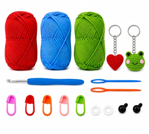 Image of Viharini Crochet Kit for Beginners with Yarn, Hooks, Stitch Markers, Knitting Needles, Eyes, Keychain, DIY Tools & Crochet Thread - Complete Crocheting Set for Adults and Kids (Red Blue Green)