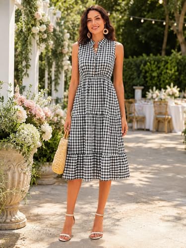 Image of BROVAVE Womens 2026 Summer Sleeveless Shirt Dress Collar Striped V Neck Casual Midi Dresses