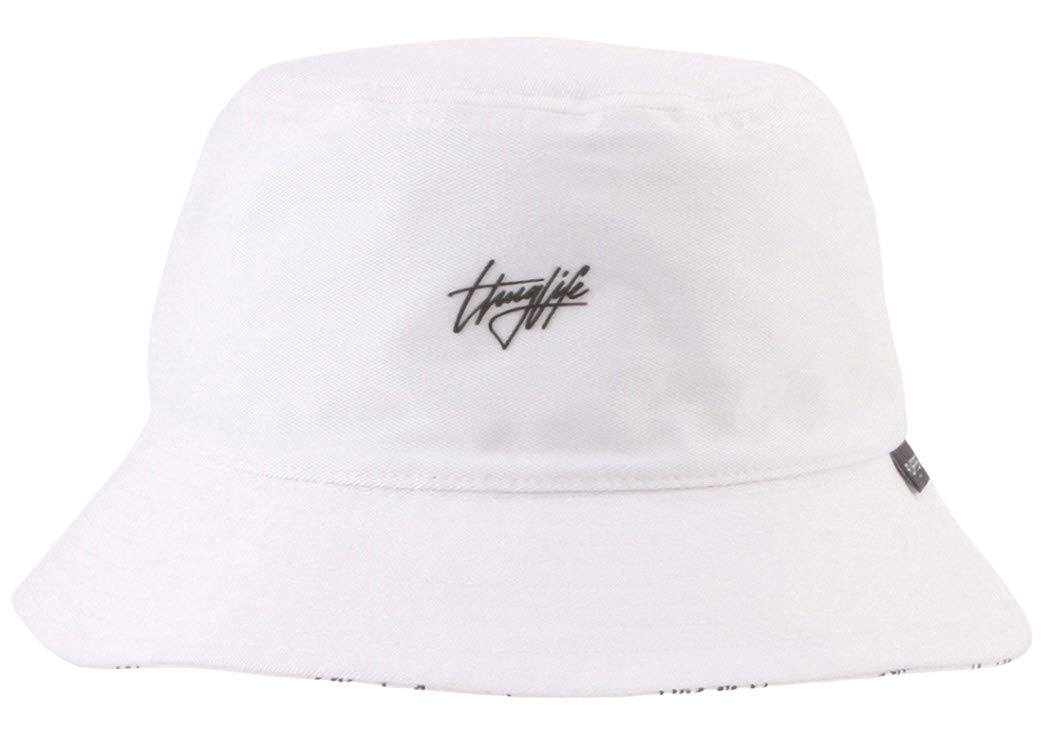 FlipperThuglife Logo Printed Reversible Cotton Sun Boonie Bucket Hat Cap for Man Women Unisex Kpop Korean Style, White/Black, 7 3/8-7 5/8