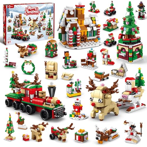 AKWME Christmas Building Set, 28-in-1 Christmas Building Blocks Playset | 1235 PCS Christmas Toys with Santa Claus Xmas Tree Train House Reindeer Sleigh Animals Blocks for Kids Girls Boys Aged 6-12+