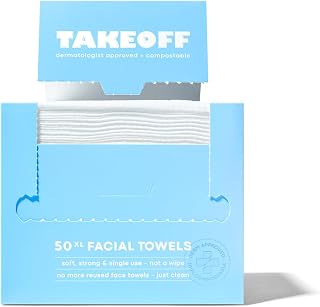 Takeoff Face Towels, 10"×12" XL Face Disposable + Compostable, Ultra Soft Makeup Remover Dry Wipes, Thick Face Towel w/Dual Texture For All Skin Types incl. Sensitive, 50 Count x 10 Pack (500 total)