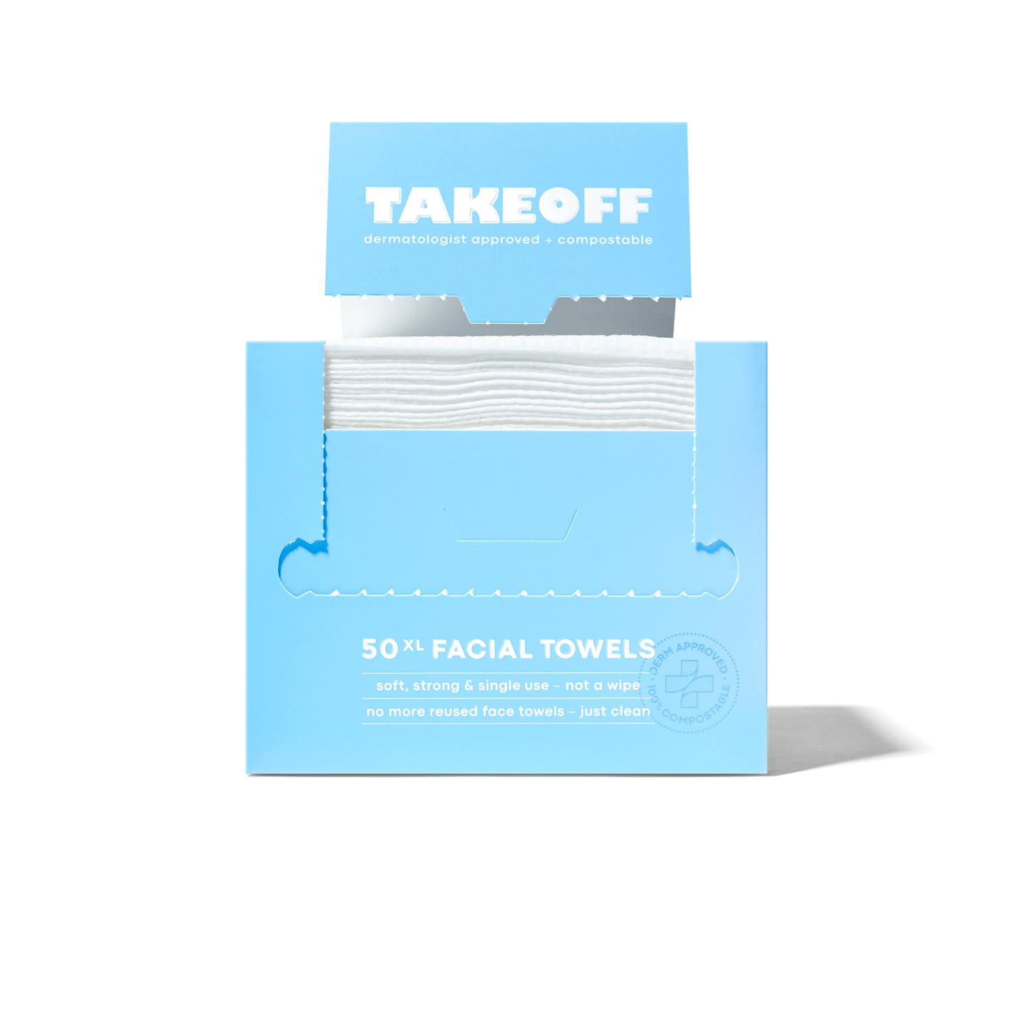 Takeoff Face Towels, 10"×12" XL Face Disposable + Compostable, Ultra Soft Makeup Remover Dry Wipes, Thick Face Towel w/Dual Texture For All Skin Types incl. Sensitive, 50 Count x 10 Pack (500 total)