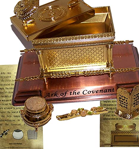 Holy Land Market ArkMedSet Replica of the Ark of the Covenant - Gold Plated Medium Tabletop Display Includes Aarons Rod & Manna Vessel
