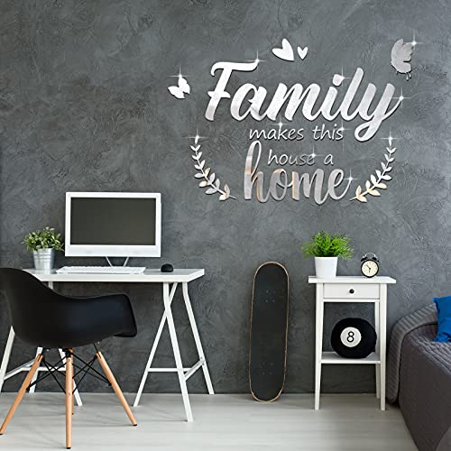 3D Acrylic Mirror Decal Wall Decor Stickers Family Letter Quotes Wall Stickers Removable Diy Motivational Family Butterfly Mirror Stickers For Home Office Dorm Mirror Wall Decoration (Silver) #TOP1