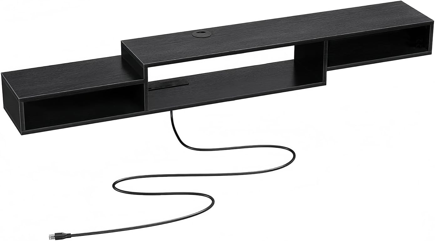 Diagram showing the dimensions of the TRIUMPHKEY Floating TV Cabinet: 150cm length, 28cm depth, 15cm height for side compartments, and 28cm height for the central compartment.