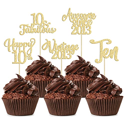 30Pcs Vintage 2013 Cupcake Toppers Glitter Happy 10Th Birthday 10 Fabulous Cupcake Picks Cheers To 10 Years For 10Th Birthday Wedding Anniversary Party Cake Decorations Supplies Gold #TOP12