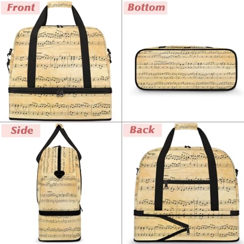 Large Weekender Overnight Bags Travel Duffel Bag for Women Men Retro Music Score Music Gym Bags With Shoe Compartment Foldie Travel Tote Bag Carry On Personal Item Bag for Travel Gym Sports3