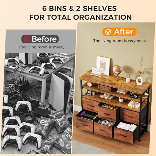 Image of NEWBULIG Dresser TV Stand with 6 Fabric Drawers and 2 Shelves, TV Media Console Table for Up to 45 inch, Entertainment Center with Charging Station for Living Room Bedroom, Rustic Brown