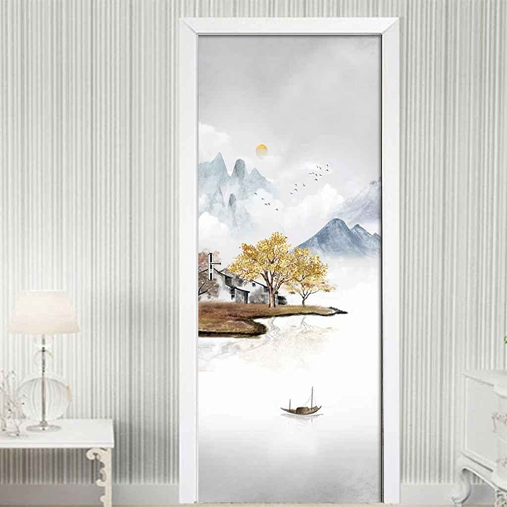 Autocollant Mural Effet 3D Lac Paisible - Décoration De Porte Amovible PVC 95x215 Cm, Style Zen Chinois - 9