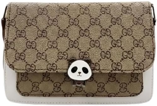 MOMAI IMPEX Crossbody Bag with Panda Charm, Brown Monogram Pattern, Adjustable Strap Vegan Leather Crossbody Bag for Women Satchel Trendy Handbags Printed Purse
