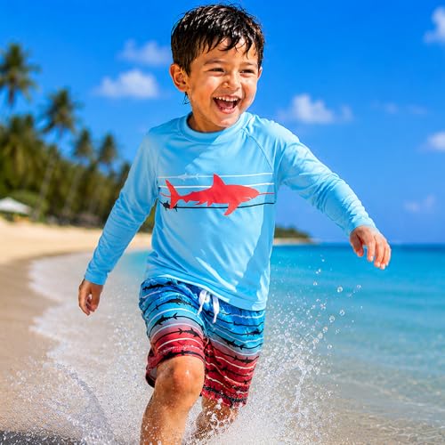 Image of Big Chill Boys Rash Guard Set - 2 Piece UPF 50+ Boys Swim Trunks & Long Sleeve Boy Swim Shirt Youth Bathing Suit Swimwear Set