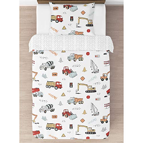 Image of Sweet Jojo Designs 2-Piece Twin Comforter Set (Red Construction Truck) for Boys, Children, Kids Bedding, Bed in a Bag incl. Blanket & Pillow Sham (Transportation, Gray, Blue, Grey & Yellow, Trucks)