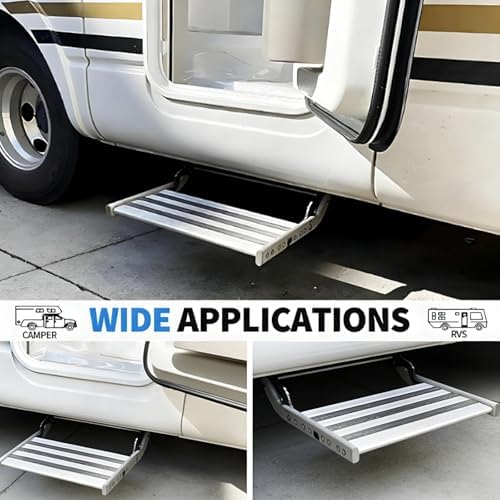 Motorized RV Entry Steps - 12V Foldable 80W Motorized Step with LED Light, 200KG Capacity, Wide Deck for Easy Access to Campers, Vans, Trailers - Double Layer Design