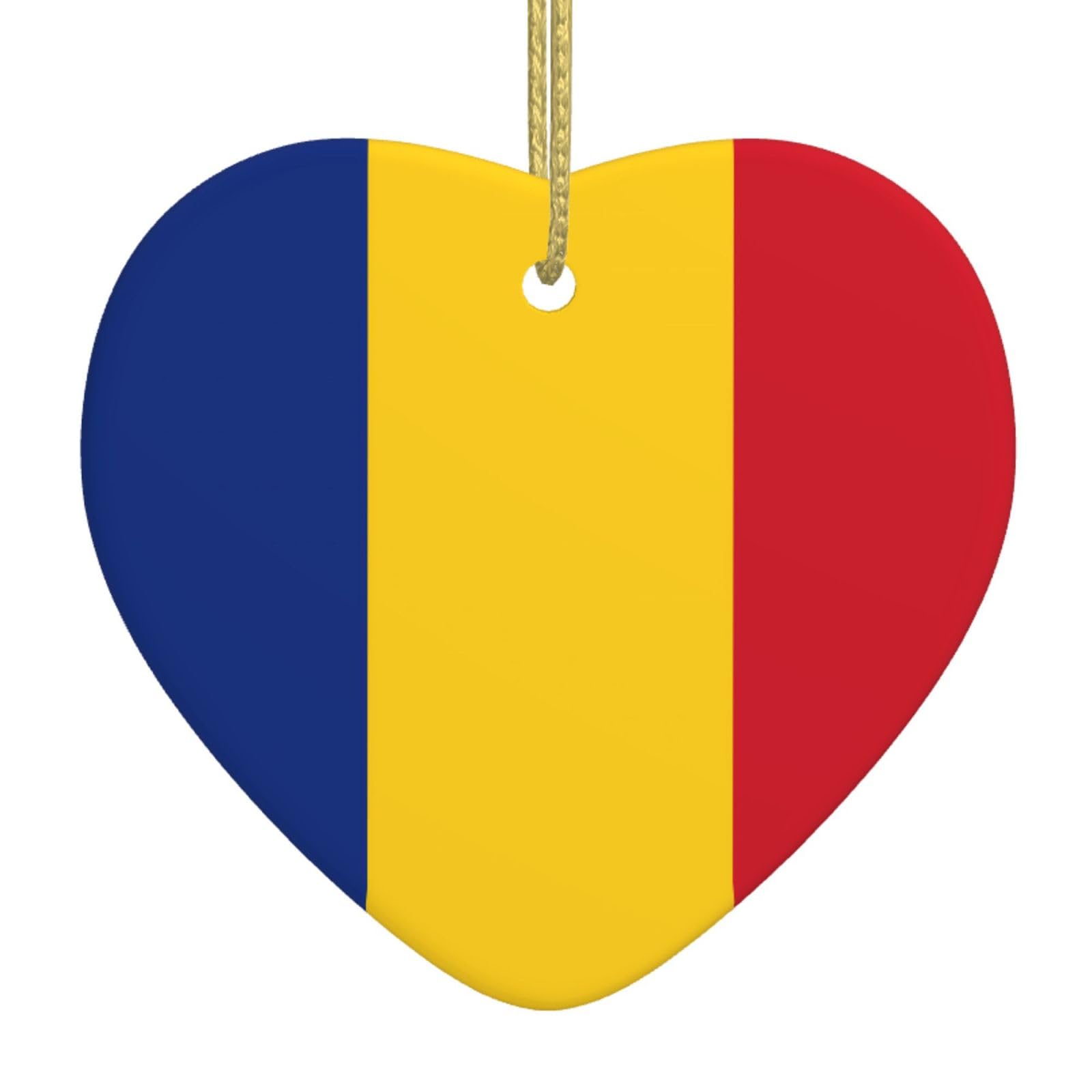 Flag of Romania Ceramic Christmas Heart Pendant with Silk Thread, Christmas Tree Home Decoration