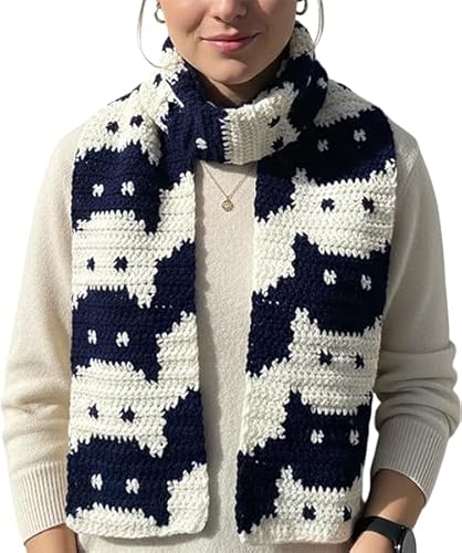 Grewear Cat Pattern Knit Scarf for Women, Winter Warm Soft Thick Knitted Style Scarf Cute Animal Design Fashion Accessory Cozy Acrylic Neck Wrap Gift for Cat Lovers