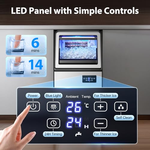 Image of 130lbs /30lbs Ice Machine, Self-Cleaning Commercial for Bar & Home | 13 thickness levels, 10-min auto-clean, 24H timer, LED display, quick water hookup - easy maintenance.