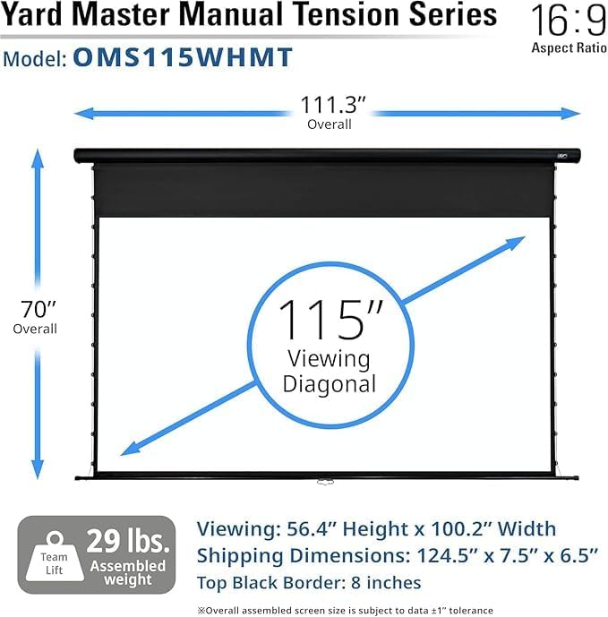 Miniatura 6 de Elite Screens Yard Master Tensión manual, 115 pulgadas Diag. Pantalla de proyector manual tensada con pestañas 169, OMS115WHMT