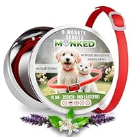 Monked | Natürliches Halsband für Hunde ohne Chemie | Bis zu 8 Monate Schutz | Anti-Zecken & Flohschutz | Verstellbar für alle Größen | Langzeit Zeckenschutz (Rot, Universal)