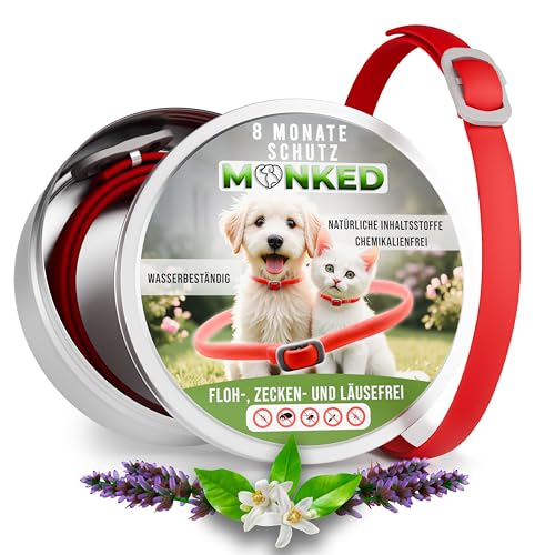 Monked | Natürliches Halsband für Hunde ohne Chemie | Bis zu 8 Monate Schutz | Anti-Zecken & Flohschutz | Verstellbar für alle Größen | Langzeit Zeckenschutz (Rot, Universal)