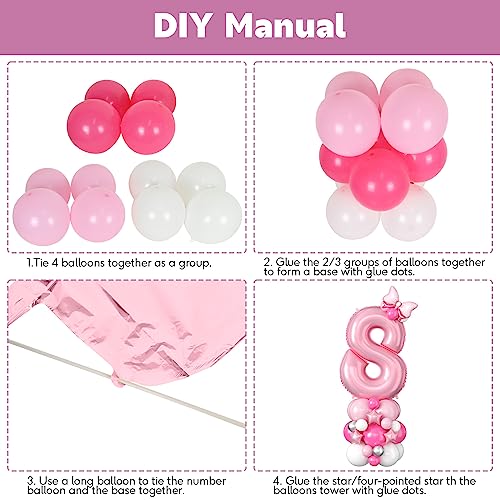 Image of 40 Inch Pink Number 8 Balloon Tower 8th Birthday Decorations for Girls | Large Pastel Baby Hot Pink White Number Eight Foil Balloons Stand Set 8 Years Old Princess Eighth Birthday Party Decorations