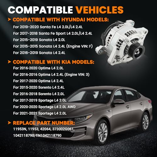 Image of High Output Alternator Compatible with Hyundai Sonata 15-19 2.0L 2.4L, Kia Sorento 2.0L 2.4L 15-20, Optima 2.0L 2.4L 16-20, Sportage 2.0L 17-22 12V 150A replaces 37300-2G061 104211-8790 11953