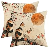 Lot de 2 housses de coussin motif chat de lune d'automne et de chat Calico pleine lune, décoration orientale d'automne pour maison, canapé, lit, canapé, 45,7 x 45,7 cm