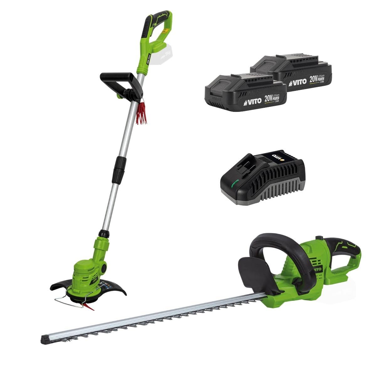 Juego de cortador y cortasetos inalámbrico 20 V Vit Ego LI + 2 baterías de 2 Ah + cargador + juego de 20 hojas