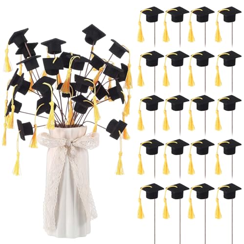 Suncalla 24 Pieces 2026 Graduation Table Centerpiece Stick Felt Graduation Caps with Tassel Grad Centerpieces Sticks for Class of 2026 Grad Party Supplies