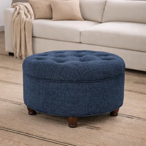 Image of Homepop Home Decor | Large Button Tufted Woven Round Storage Ottoman for Living Room & Bedroom (Navy Woven) 25 inch D x 25 inch W x 15 inch H