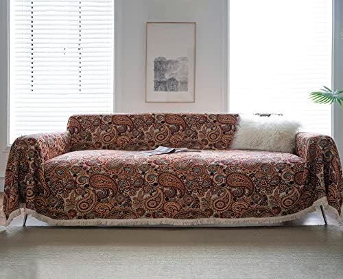 ROOMLIFE Thick Linen Couch Covers Retro Paisley Jacquard Pattern Sofa Covers Practical Living Room Furniture Protector Futon Sofa Slipcover Sectional Couch Cover for Dogs Cat Pet 71"x 118"