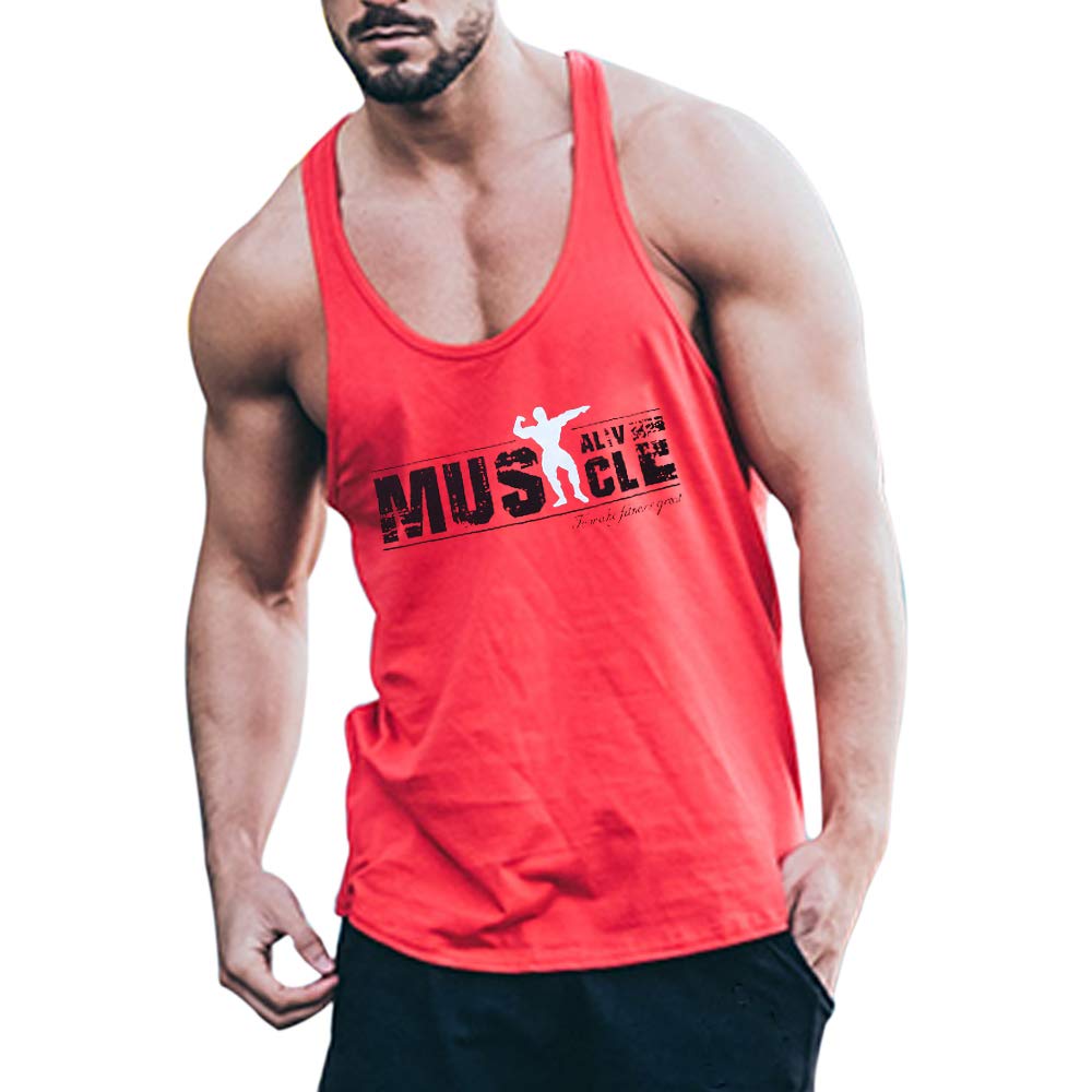 Muscle Alive Men's Ma Red Musclealive Bodybuilding Tank Top Stringer Vest Cotton S-(Chest 37 Inch)
