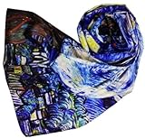 Suave Ligero Goods4good Pañuelo 100% Seda Natural Reversible 2 Dibujos Diseño Pintura Vicent Van Gogh La Noche Estrellada Regalo Mujer Hombre Cuello Cabeza color Azul 170x63cm.