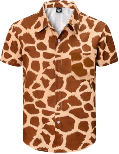 Fashonal Mens Giraffe Print Shirt, Animal Costume Adult Button Down Cotton Summer Tops, Giraffe Size M