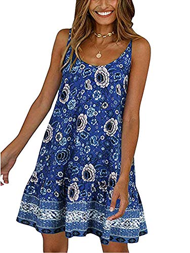 Womens Summer Beach Dresses - Floral Bohemia Sleeveless Deep V Neck Ruffle Spaghetti Strap Flowy Cute Beachwear Blue