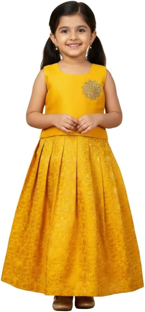 Yellow Banarasi Brocade Silk Kids Lehenga Choli, Pattu Pavadai, Ethnic Wear for Girls