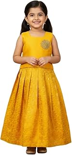 Yellow Banarasi Brocade Silk Kids Lehenga Choli, Pattu Pavadai, Ethnic Wear for Girls