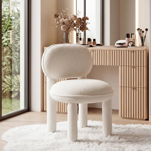 Modern Boucle Vanity Chair, Upholstered Round Back Makeup Chair with Thick Padded Seat, Comfy Armless Accent Side Chair for Bedroom, Dressing Room, Living Room, Small Space (Beige)