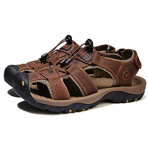 Men's Outdoor Cowhide Leather Hiking Sandals Closed Toe Water Shoes Athletic Sport Sandals Trail Walking Sandals Summer Water Shoes,Brown,10.5