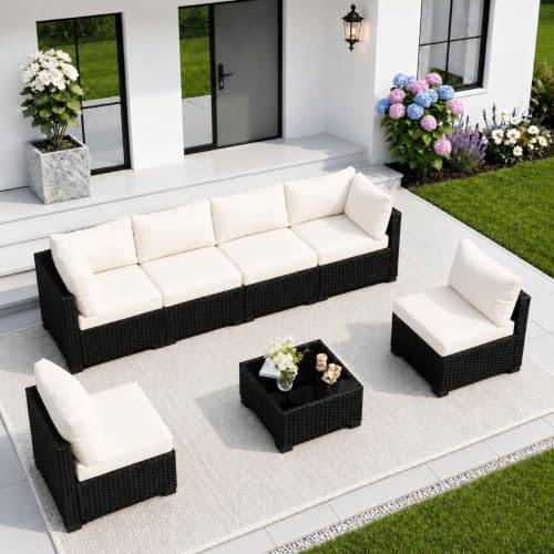 Image of 7 Pieces Outdoor Patio Furniture Sets, Patio Sectional Sofa Couch, PE Rattan Outdoor Wicker Sectional Furniture Sofa Set, Glass Coffee Table, for Balcony, Porch, Garden, Beige