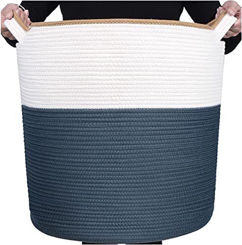 Image of MINTWOOD Design 83L Extra Large 20x18 Inches Decorative Woven Cotton Rope Basket, Tall Laundry Basket Hamper, Blanket Basket for Living Room, Round Storage Baskets for Pillows, Towels, Prussian Blue
