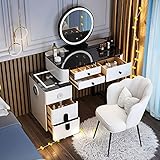 Tocador, Juego de Espejo y Mesa de Maquillaje LED Vanity, Tocadores de Maquillaje para Niñas con Estación de Carga Inalámbrica y Altavoz Bluetooth, Mesita de Noche Móvil, Luz de 3 Colores Ajustable (