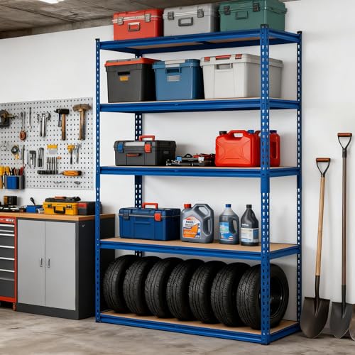 Image of GarveeTech 5-Tier Heavy Duty Storage Shelves, 2500 LBS Capacity Metal Shelving Unit with MDF Board, 48 inch W x 18 inch D x 72 inch H Adjustable Garage Shelving for Basement and Warehouse, High Gloss Blue