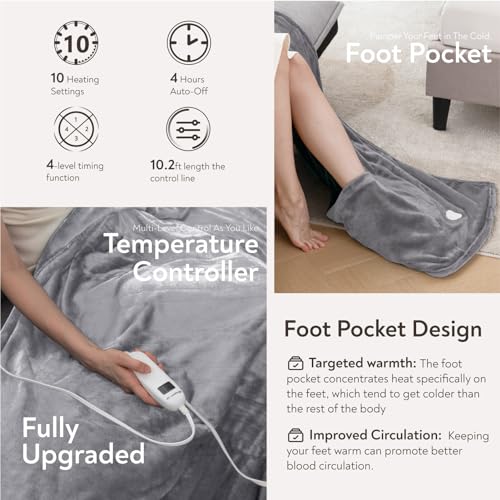 Image of Wapaneus Foot Pocket Heated Blanket Electric Throw with 10 Heating Levels and 4 Timer Settings 4 Hours Auto Shut Off, Flannel Fast-Heating Heated Throw 50 inch x 60 inch, ETL Listed Machine Washable, Grey