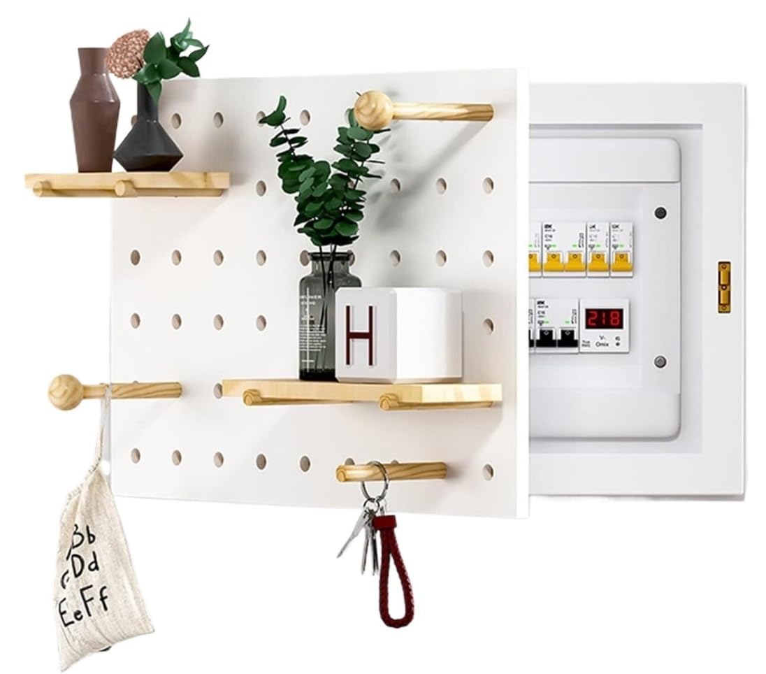 Panneau perforé en bois pour couvercle de boîte électrique et étagère murale design