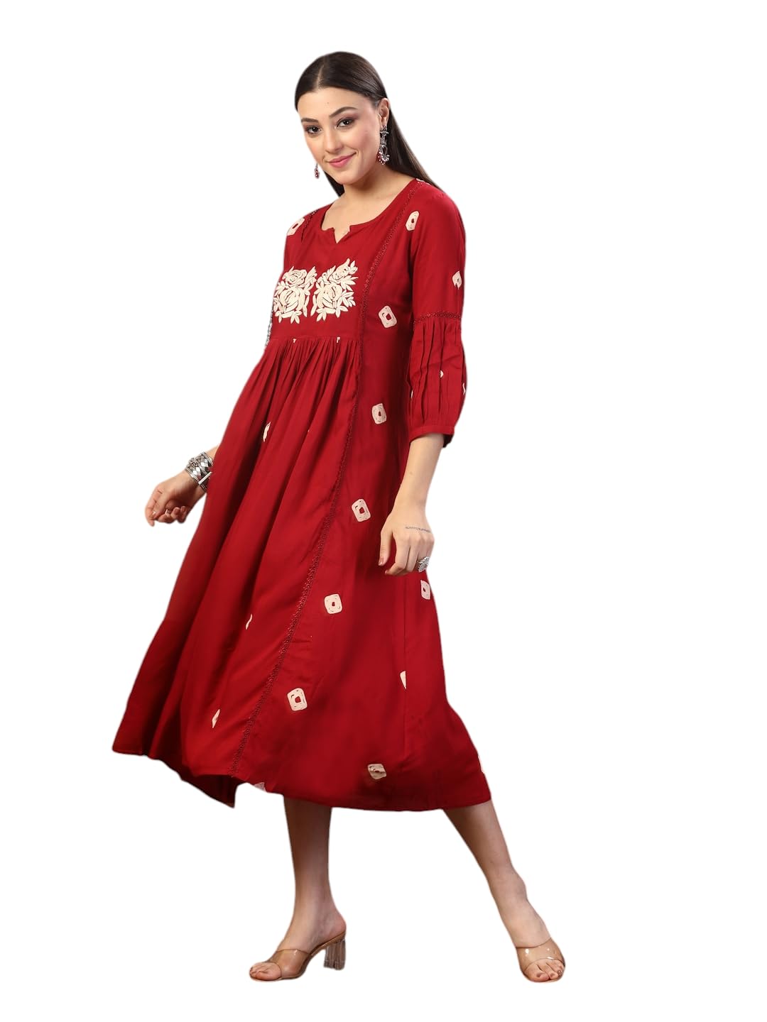 Stylum Women's Bandhej Printed & Embroidered Rayon Maxi Dress (Drsmaroonrose42_Maroon, Xl)
